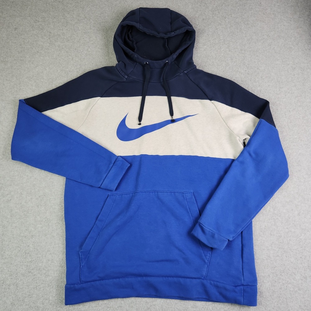 Nike Hoodie Mens L Blue Dri-FIT Colorblock Standard Fit Swoosh Logo Sweatshirt‎